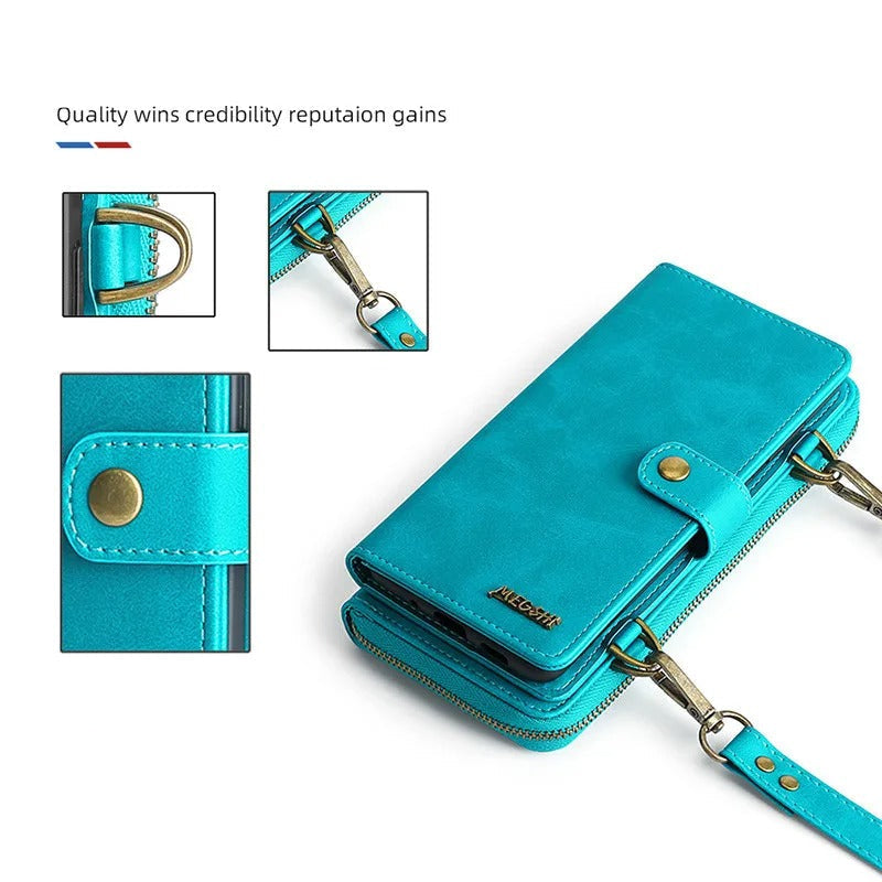 Luxury iPhone Case — 2-in-1 Detachable PU Leather Wallet Cover with Zipper Purse, Magnetic Flip Clasp, Heavy-Duty Dual-Layer Protection and Lanyard