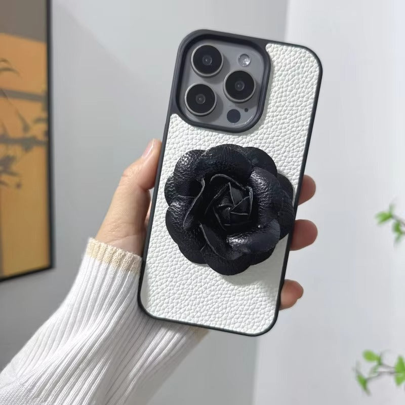 Luxury iPhone Case — 3D Camellia PU Leather Cover with Shockproof Hard Back, Full-Coverage Protection, Anti-Scratch Dustproof Finish & Non-Slip Elegant Design