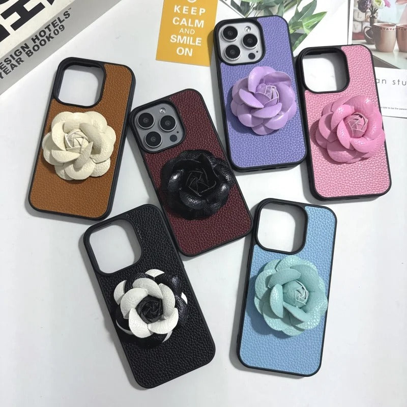 Luxury iPhone Case — 3D Camellia PU Leather Cover with Shockproof Hard Back, Full-Coverage Protection, Anti-Scratch Dustproof Finish & Non-Slip Elegant Design