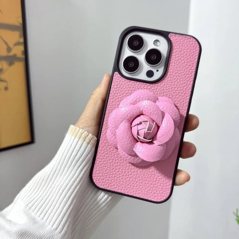 Luxury iPhone Case — 3D Camellia PU Leather Cover with Shockproof Hard Back, Full-Coverage Protection, Anti-Scratch Dustproof Finish & Non-Slip Elegant Design