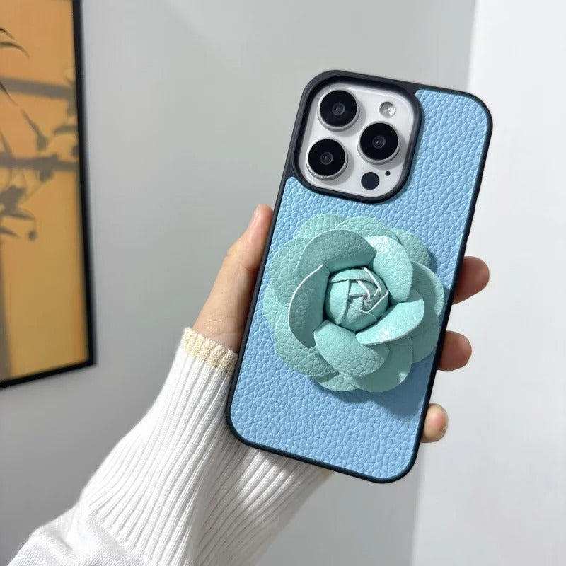 Luxury iPhone Case — 3D Camellia PU Leather Cover with Shockproof Hard Back, Full-Coverage Protection, Anti-Scratch Dustproof Finish & Non-Slip Elegant Design