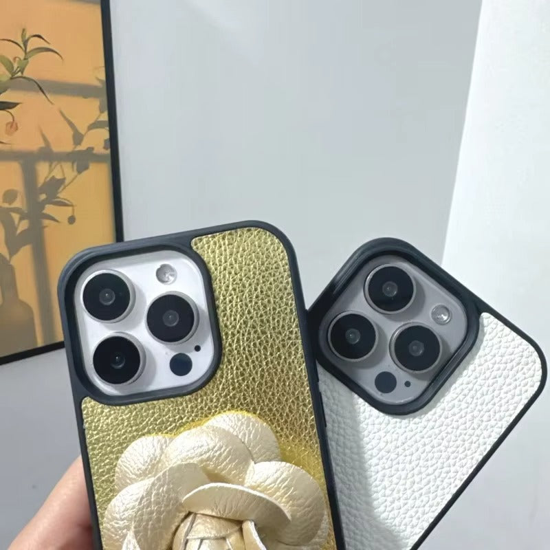 Luxury iPhone Case — 3D Camellia PU Leather Cover with Shockproof Hard Back, Full-Coverage Protection, Anti-Scratch Dustproof Finish & Non-Slip Elegant Design
