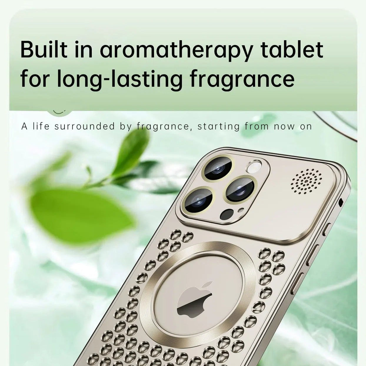 Luxury iPhone Case — Aluminum Alloy MagSafe Heat-Dissipation Cover with Removable Aromatherapy, Lens Film Protection, Anti-Fingerprint Waterproof Shockproof Design