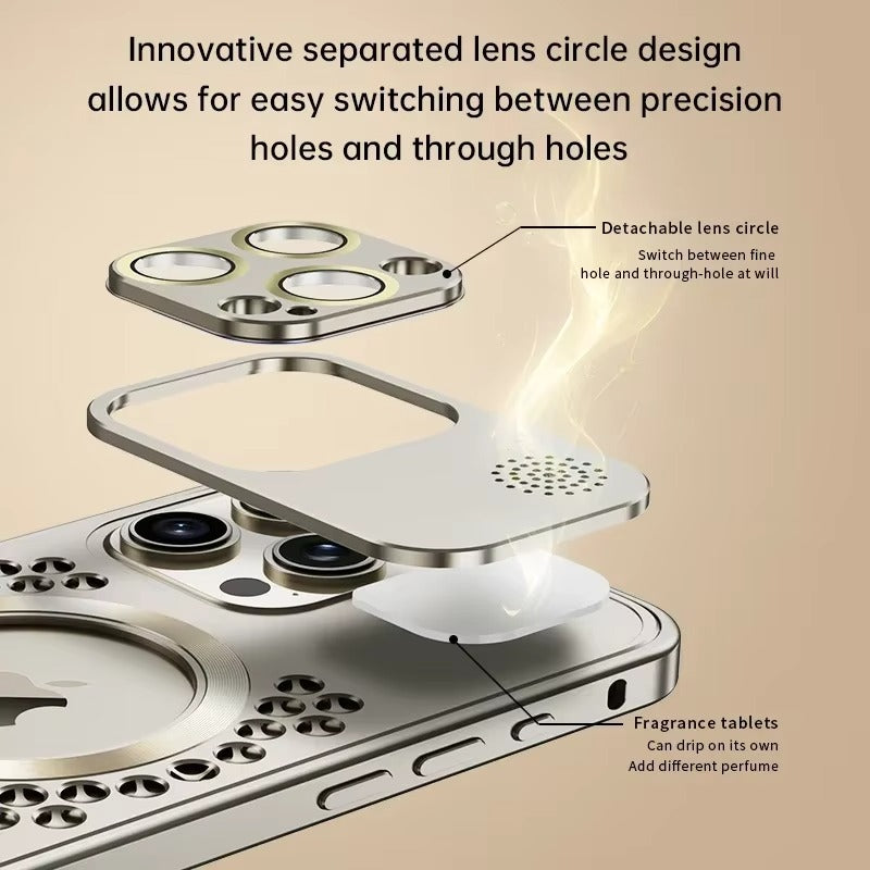 Luxury iPhone Case — Aluminum Alloy MagSafe Heat-Dissipation Cover with Removable Aromatherapy, Lens Film Protection, Anti-Fingerprint Waterproof Shockproof Design