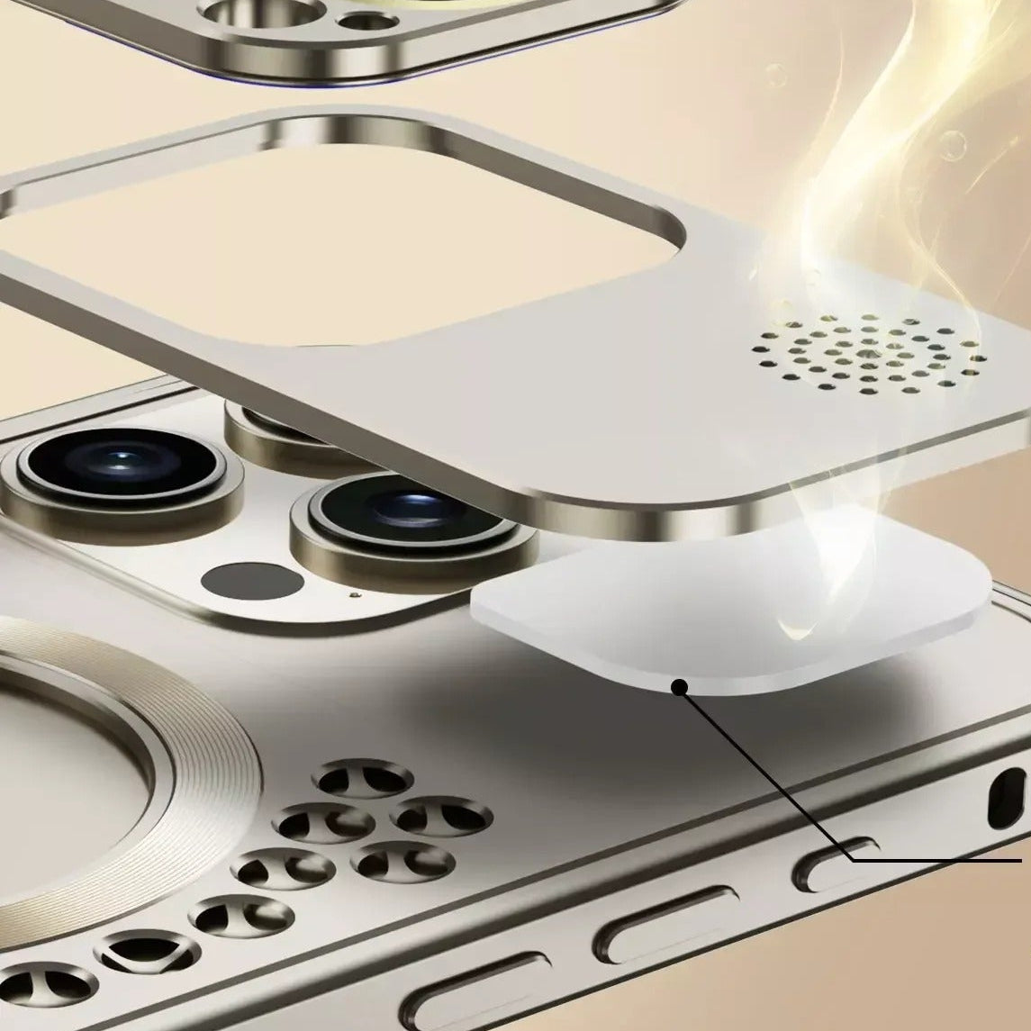 Luxury iPhone Case — Aluminum Alloy MagSafe Heat-Dissipation Cover with Removable Aromatherapy, Lens Film Protection, Anti-Fingerprint Waterproof Shockproof Design