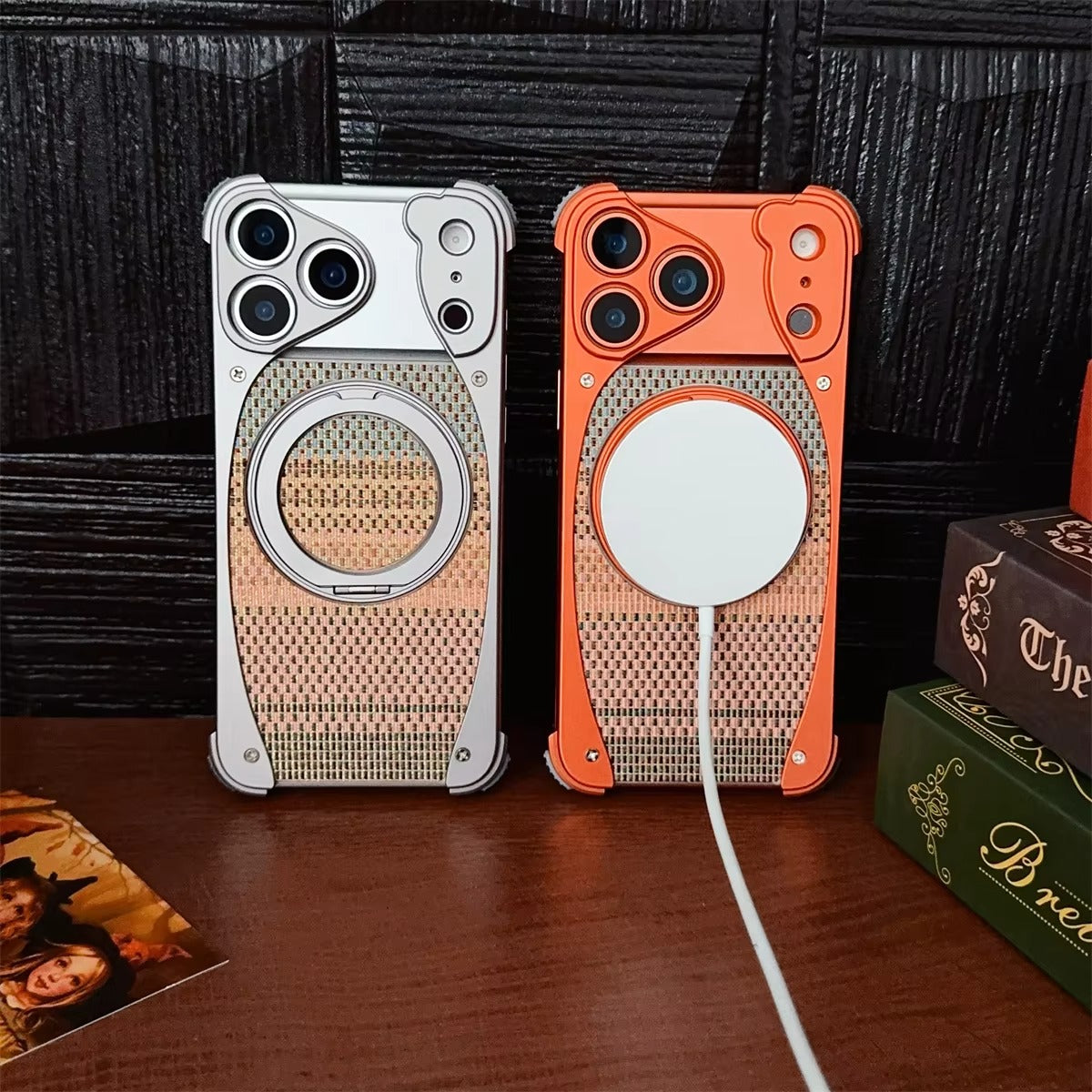 Luxury iPhone Case — Aluminum Metal Golden-Thread Magnetic Cover with Shockproof Bracket and Drop-Proof Durable Protection