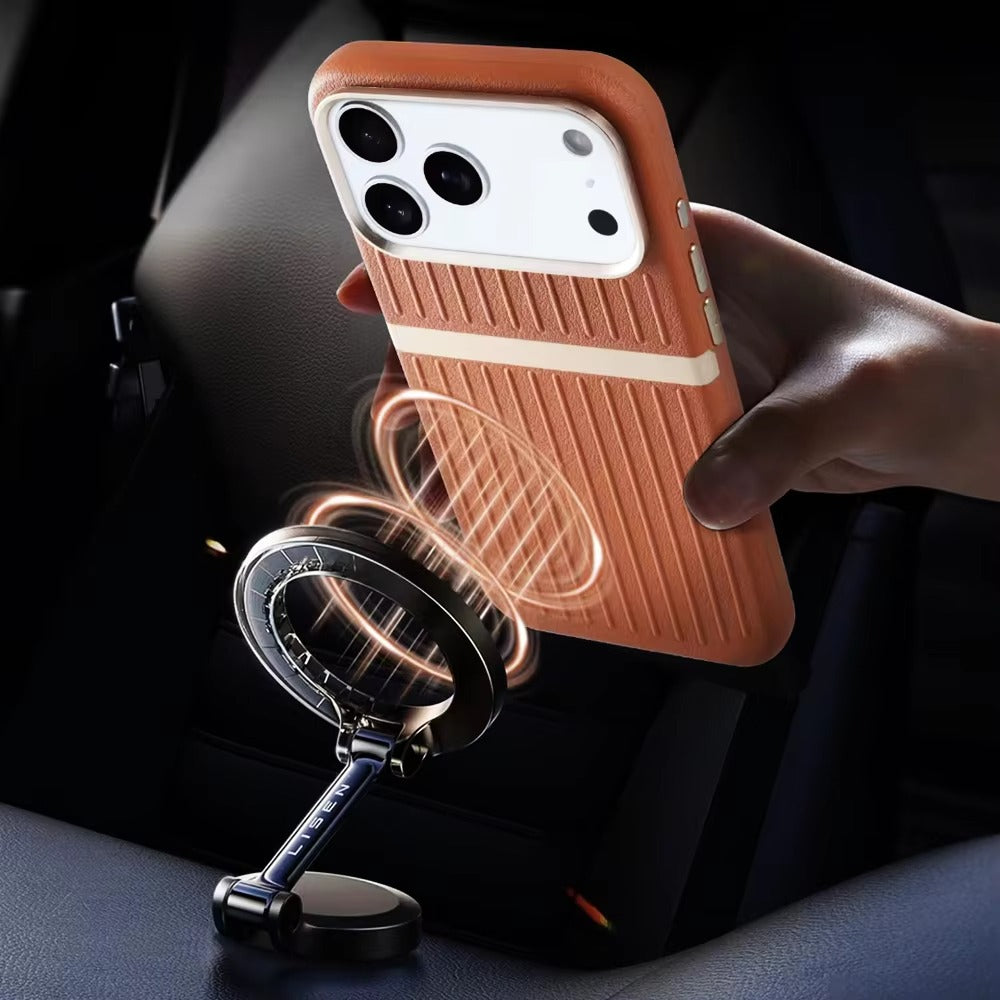 Luxury iPhone Case — Built-In MagSafe Leather Cover with Luggage-Pattern Splice Design, Shockproof Protection and Matte Anti-Fingerprint Finish