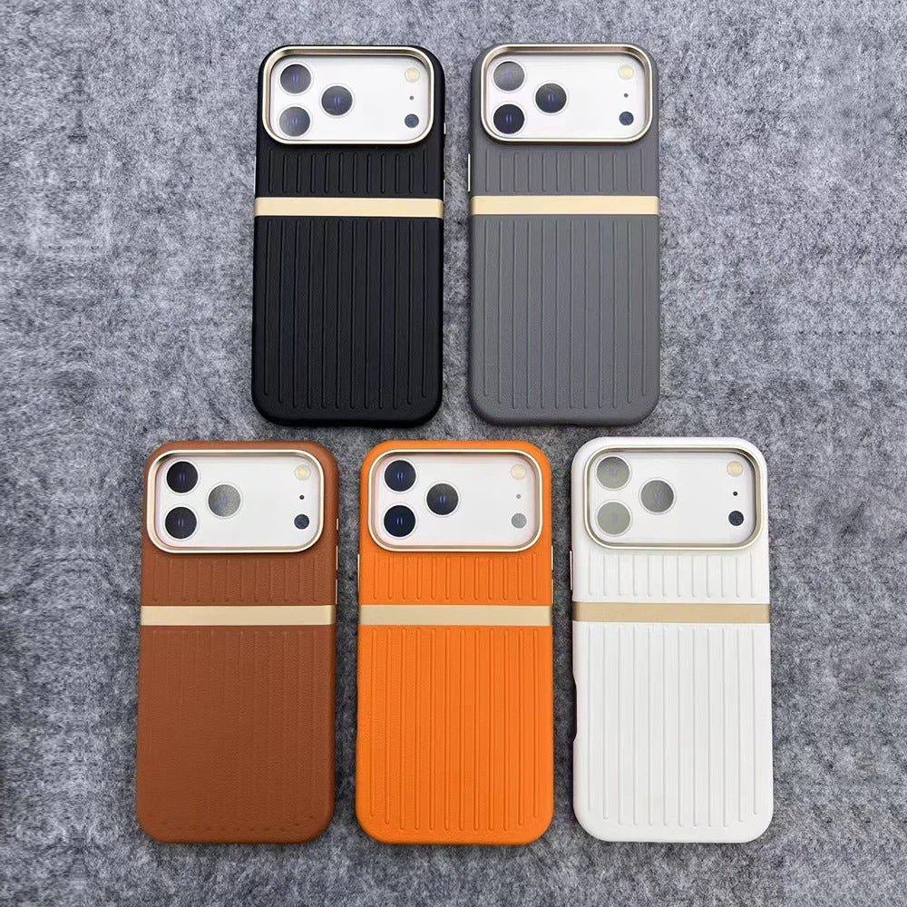 Luxury iPhone Case — Built-In MagSafe Leather Cover with Luggage-Pattern Splice Design, Shockproof Protection and Matte Anti-Fingerprint Finish