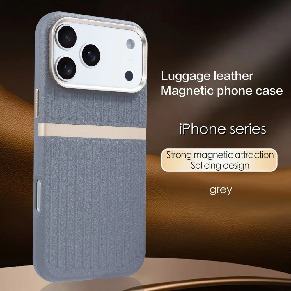 Luxury iPhone Case — Built-In MagSafe Leather Cover with Luggage-Pattern Splice Design, Shockproof Protection and Matte Anti-Fingerprint Finish