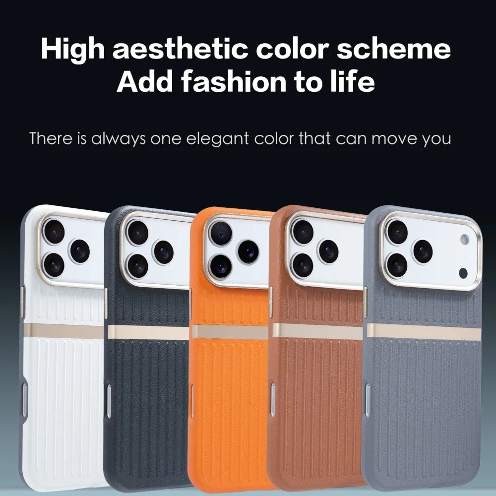 Luxury iPhone Case — Built-In MagSafe Leather Cover with Luggage-Pattern Splice Design, Shockproof Protection and Matte Anti-Fingerprint Finish
