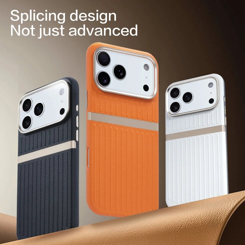 Luxury iPhone Case — Built-In MagSafe Leather Cover with Luggage-Pattern Splice Design, Shockproof Protection and Matte Anti-Fingerprint Finish