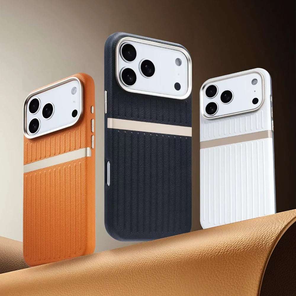 Luxury iPhone Case — Built-In MagSafe Leather Cover with Luggage-Pattern Splice Design, Shockproof Protection and Matte Anti-Fingerprint Finish