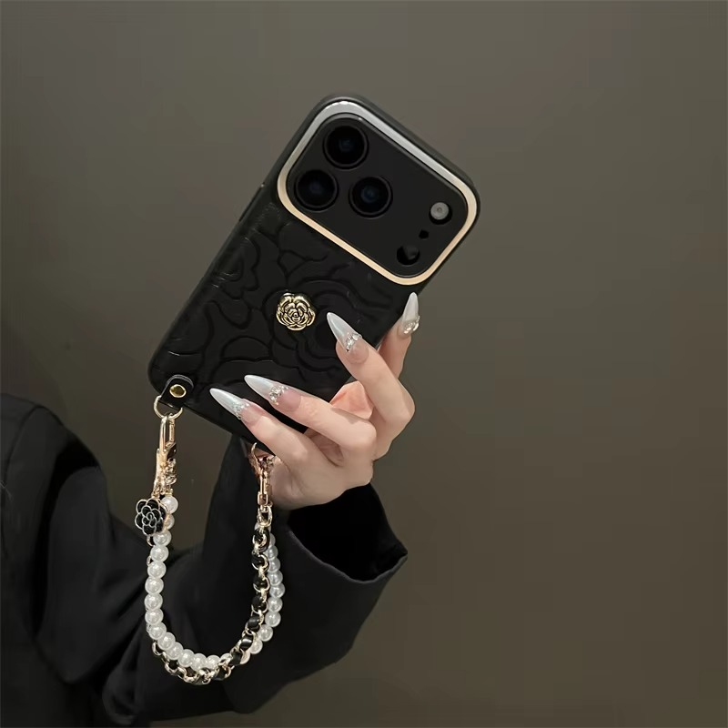 Luxury iPhone Case — Camellia Lens-Protection Cover with Decorative Chain, Shockproof PC+TPU Design and Anti-Fingerprint Non-Slip Finish
