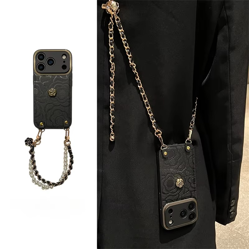 Luxury iPhone Case — Camellia Lens-Protection Cover with Decorative Chain, Shockproof PC+TPU Design and Anti-Fingerprint Non-Slip Finish