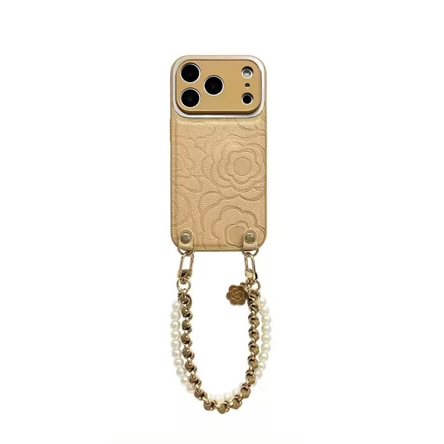 Luxury iPhone Case — Camellia Lens-Protection Cover with Decorative Chain, Shockproof PC+TPU Design and Anti-Fingerprint Non-Slip Finish
