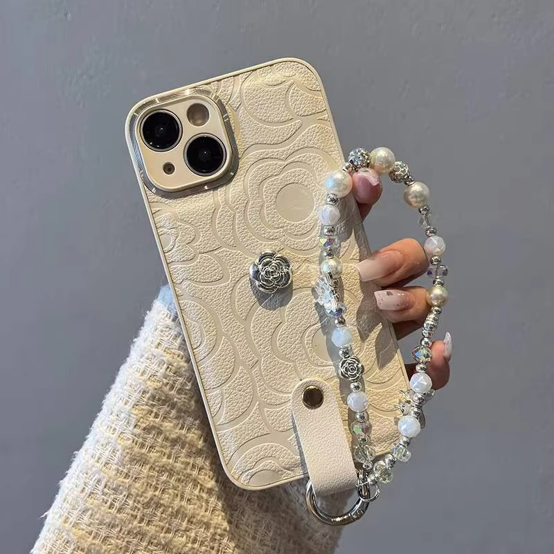 Luxury iPhone Case — Camellia Lens-Protection Cover with Decorative Chain, Shockproof PC+TPU Design and Anti-Fingerprint Non-Slip Finish