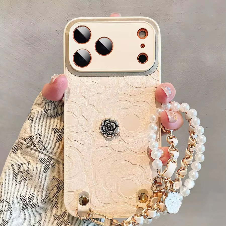 Luxury iPhone Case — Camellia Lens-Protection Cover with Decorative Chain, Shockproof PC+TPU Design and Anti-Fingerprint Non-Slip Finish
