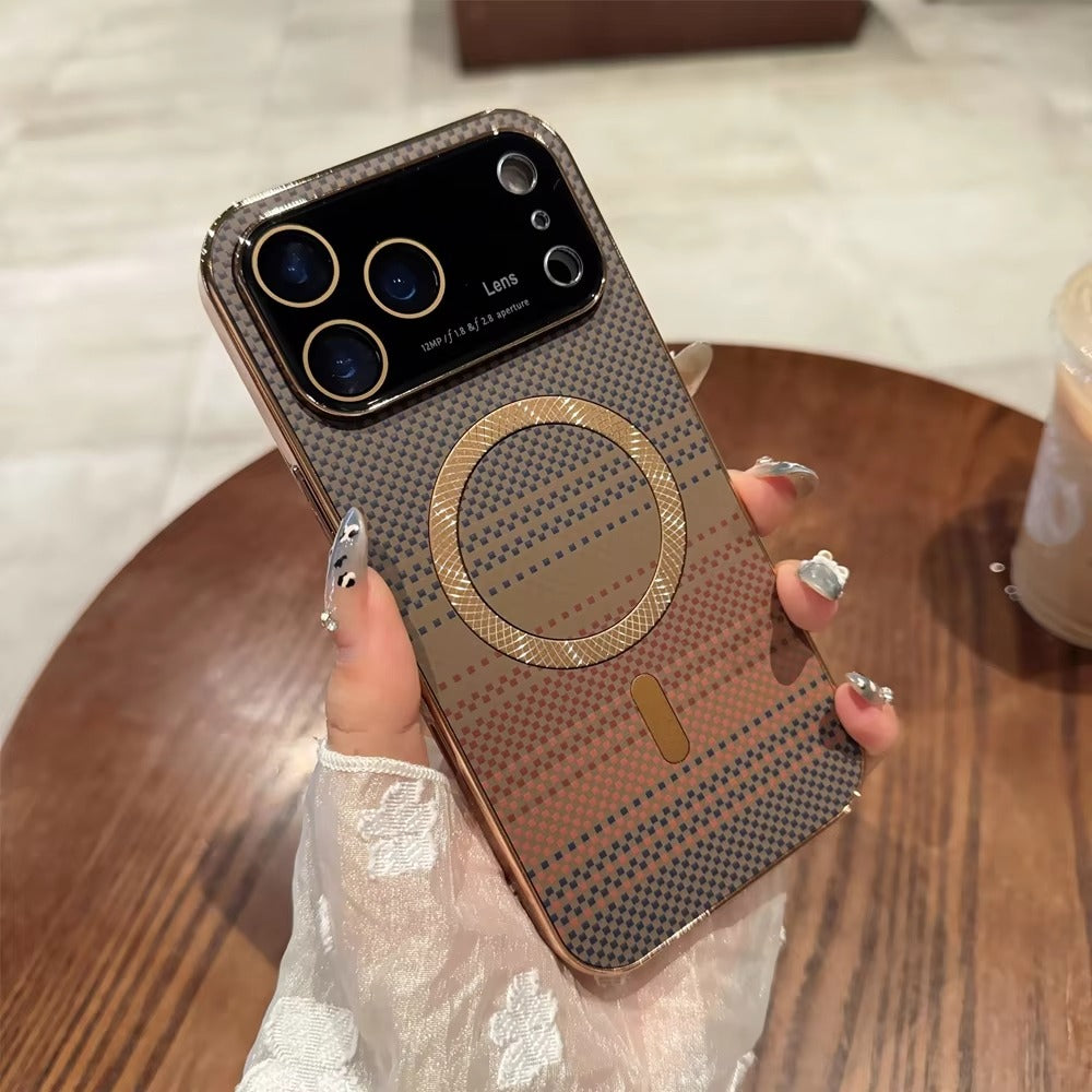 Luxury iPhone Case — Carbon-Fiber Pattern MagSafe Wireless-Charging Cover with Shockproof Plating Design and Slim TPU Protection
