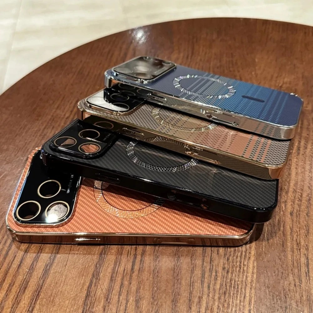 Luxury iPhone Case — Carbon-Fiber Pattern MagSafe Wireless-Charging Cover with Shockproof Plating Design and Slim TPU Protection