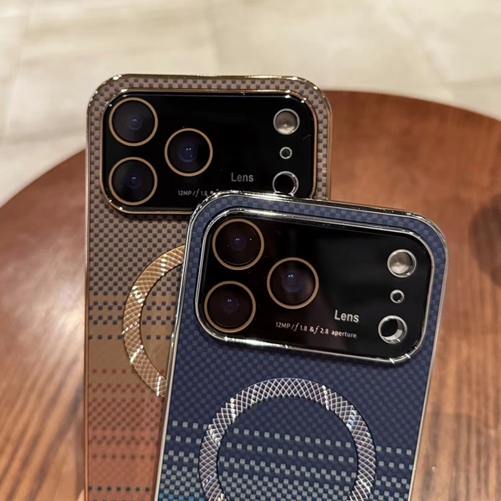 Luxury iPhone Case — Carbon-Fiber Pattern MagSafe Wireless-Charging Cover with Shockproof Plating Design and Slim TPU Protection