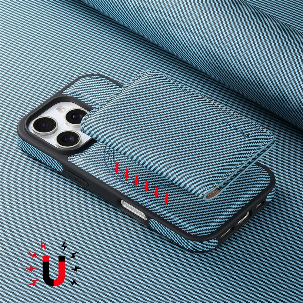 Luxury iPhone Case — Carbon Fiber Detachable Wallet with Card Holder, Shockproof PU Leather + TPU Cover, Kickstand, Dustproof Non-Slip Full Protection