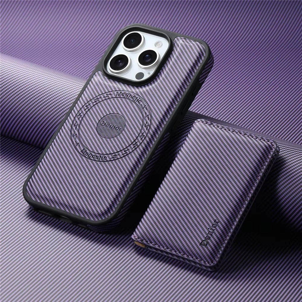 Luxury iPhone Case — Carbon Fiber Detachable Wallet with Card Holder, Shockproof PU Leather + TPU Cover, Kickstand, Dustproof Non-Slip Full Protection