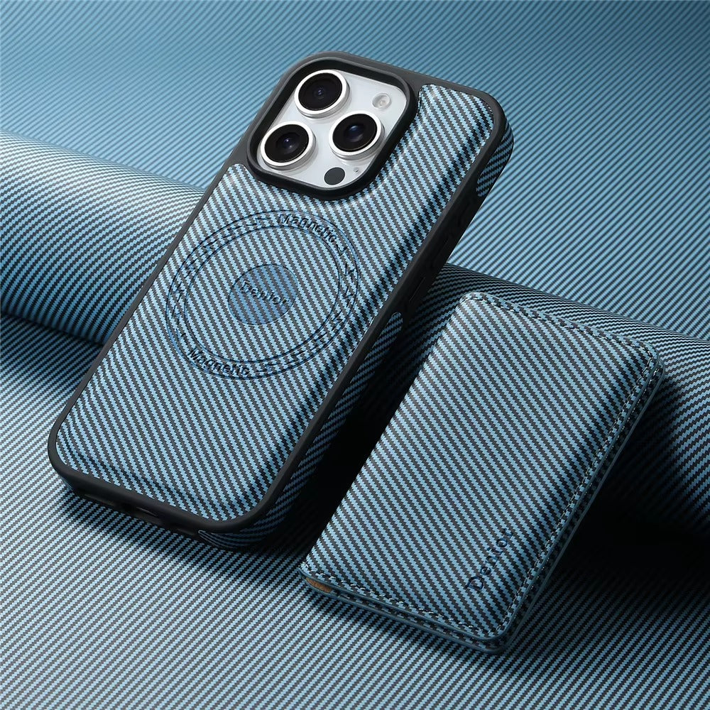 Luxury iPhone Case — Carbon Fiber Detachable Wallet with Card Holder, Shockproof PU Leather + TPU Cover, Kickstand, Dustproof Non-Slip Full Protection
