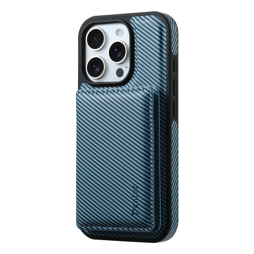 Luxury iPhone Case — Carbon Fiber Detachable Wallet with Card Holder, Shockproof PU Leather + TPU Cover, Kickstand, Dustproof Non-Slip Full Protection