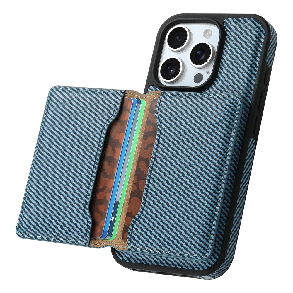 Luxury iPhone Case — Carbon Fiber Detachable Wallet with Card Holder, Shockproof PU Leather + TPU Cover, Kickstand, Dustproof Non-Slip Full Protection