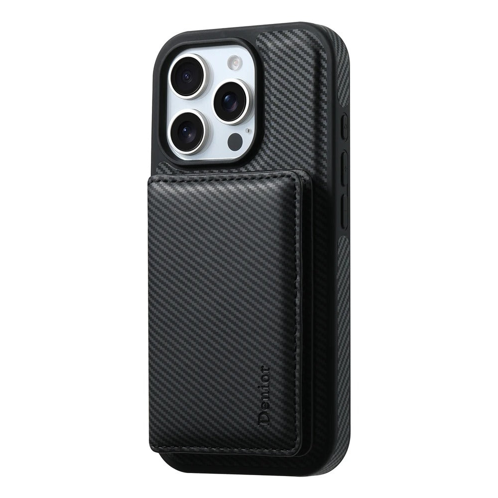 Luxury iPhone Case — Carbon Fiber Detachable Wallet with Card Holder, Shockproof PU Leather + TPU Cover, Kickstand, Dustproof Non-Slip Full Protection