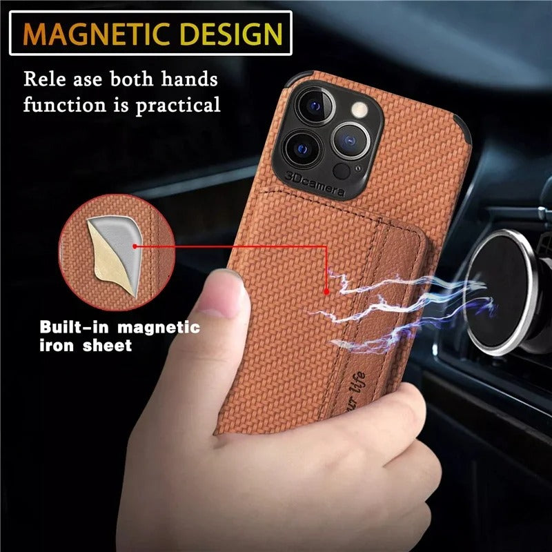 Luxury iPhone Case — Carbon Fiber Magnetic Wallet Cover with Card Holder, Kickstand Function and Anti-Scratch Dustproof Protection