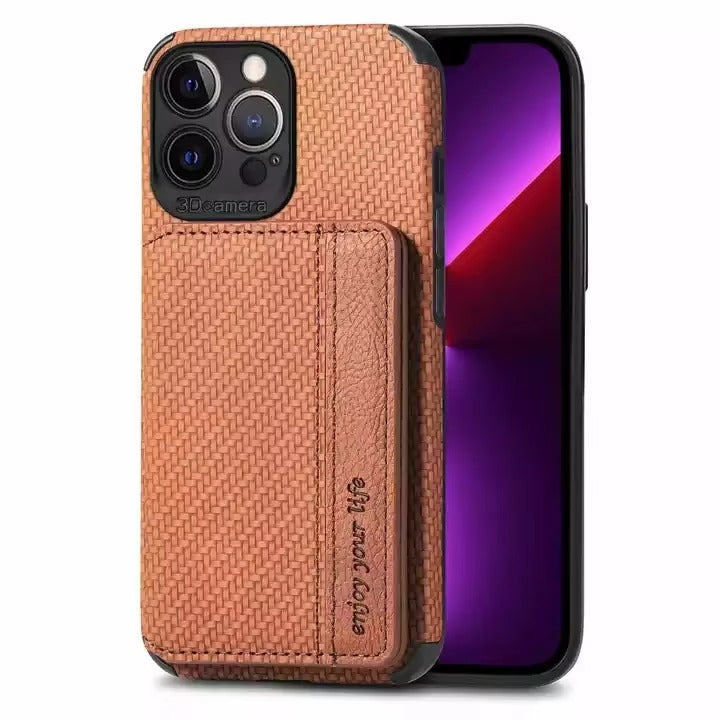 Luxury iPhone Case — Carbon Fiber Magnetic Wallet Cover with Card Holder, Kickstand Function and Anti-Scratch Dustproof Protection