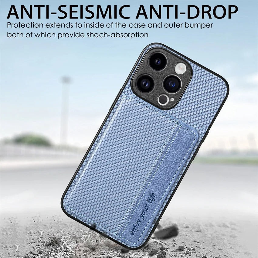 Luxury iPhone Case — Carbon Fiber Magnetic Wallet Cover with Card Holder, Kickstand Function and Anti-Scratch Dustproof Protection