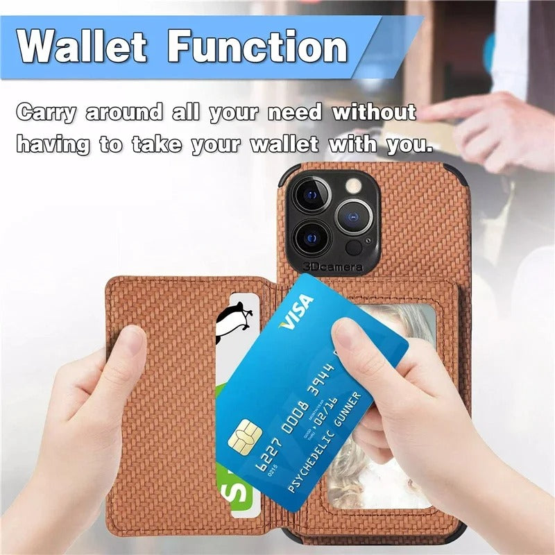 Luxury iPhone Case — Carbon Fiber Magnetic Wallet Cover with Card Holder, Kickstand Function and Anti-Scratch Dustproof Protection