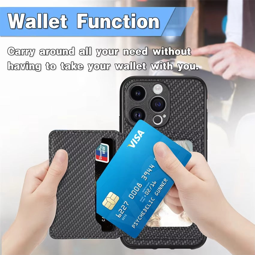 Luxury iPhone Case — Carbon Fiber Magnetic Wallet Cover with Card Holder, Kickstand Function and Anti-Scratch Dustproof Protection
