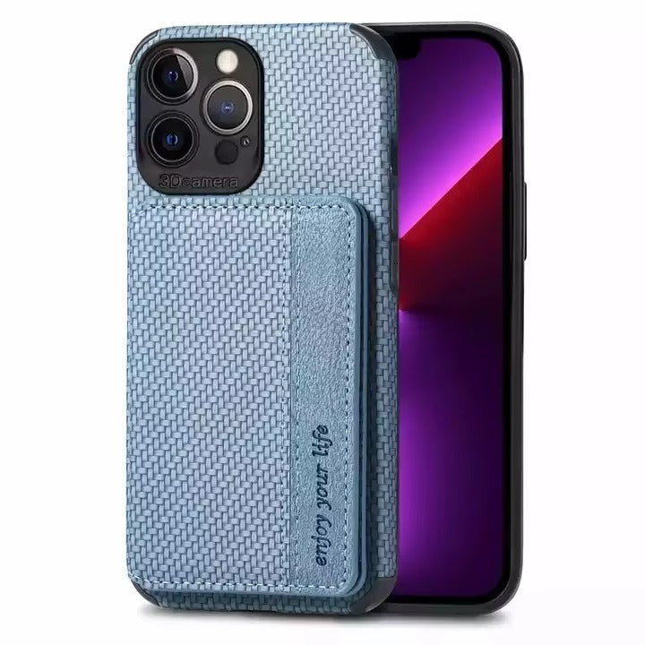 Luxury iPhone Case — Carbon Fiber Magnetic Wallet Cover with Card Holder, Kickstand Function and Anti-Scratch Dustproof Protection
