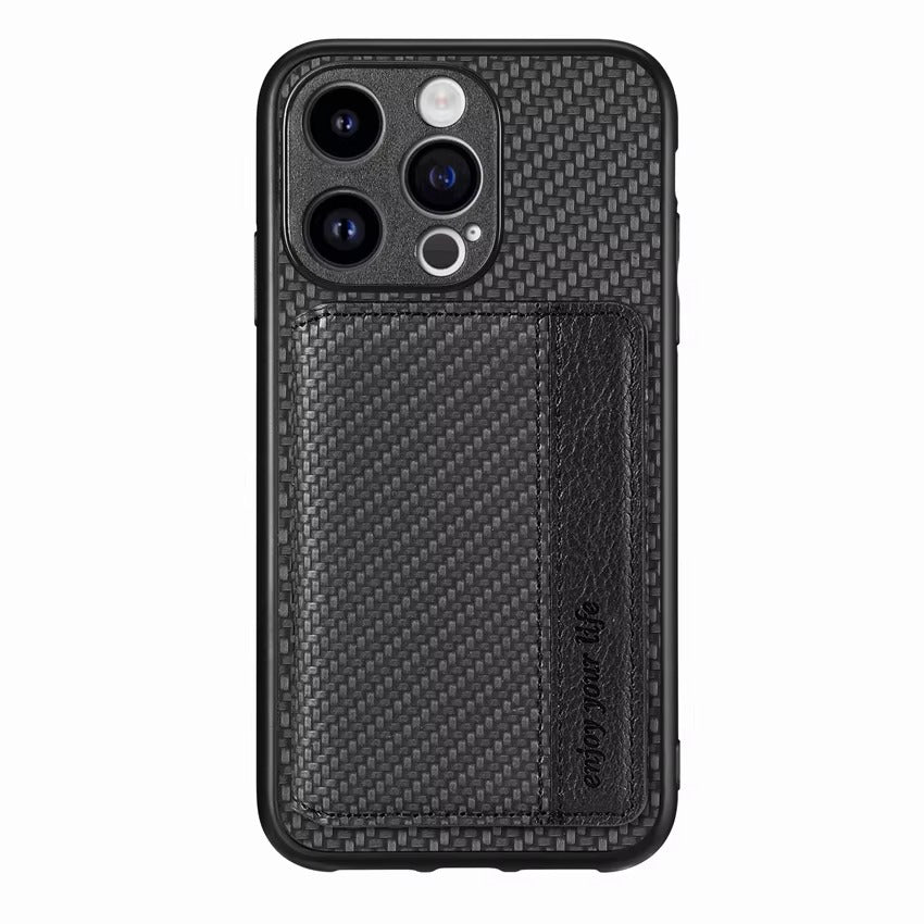 Luxury iPhone Case — Carbon Fiber Magnetic Wallet Cover with Card Holder, Kickstand Function and Anti-Scratch Dustproof Protection