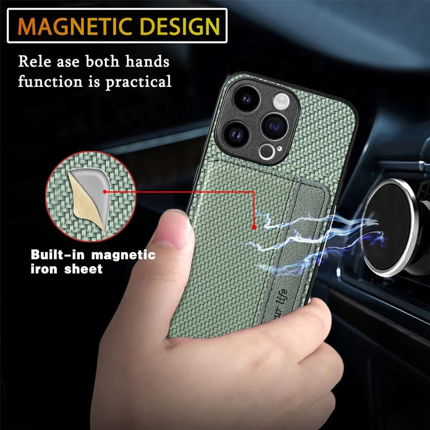 Luxury iPhone Case — Carbon Fiber Magnetic Wallet Cover with Card Holder, Kickstand Function and Anti-Scratch Dustproof Protection