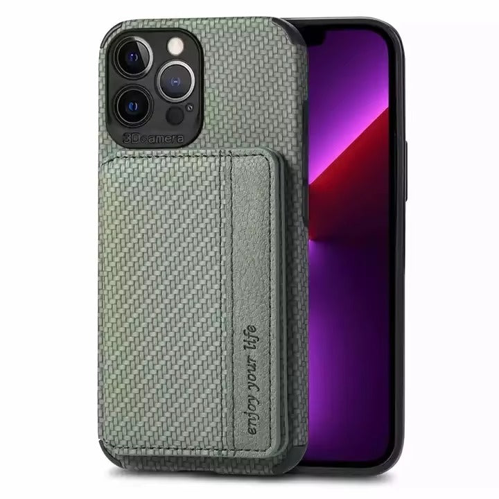 Luxury iPhone Case — Carbon Fiber Magnetic Wallet Cover with Card Holder, Kickstand Function and Anti-Scratch Dustproof Protection