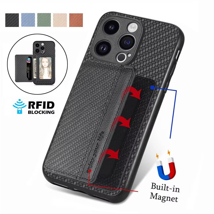 Luxury iPhone Case — Carbon Fiber Magnetic Wallet Cover with Card Holder, Kickstand Function and Anti-Scratch Dustproof Protection