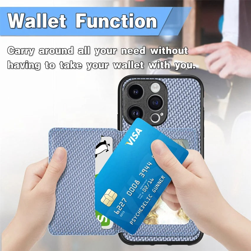 Luxury iPhone Case — Carbon Fiber Magnetic Wallet Cover with Card Holder, Kickstand Function and Anti-Scratch Dustproof Protection