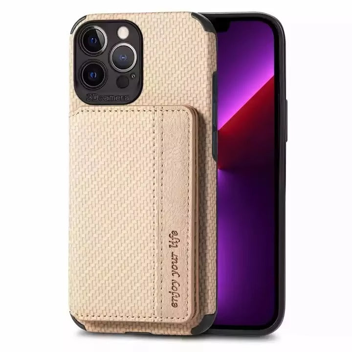 Luxury iPhone Case — Carbon Fiber Magnetic Wallet Cover with Card Holder, Kickstand Function and Anti-Scratch Dustproof Protection