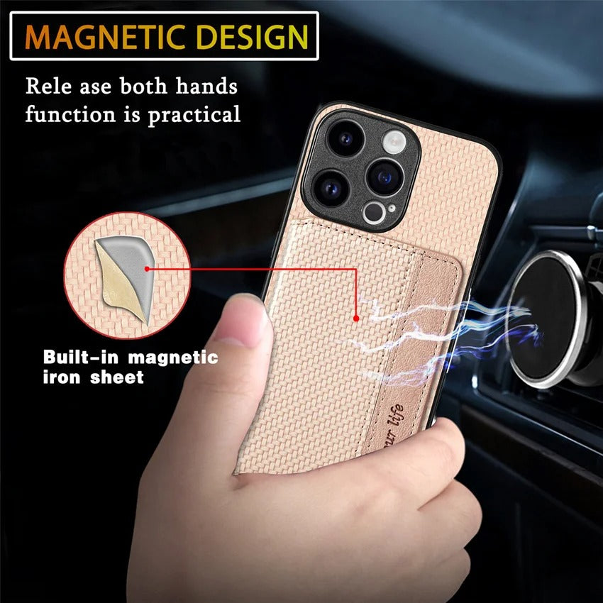 Luxury iPhone Case — Carbon Fiber Magnetic Wallet Cover with Card Holder, Kickstand Function and Anti-Scratch Dustproof Protection