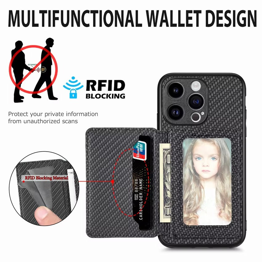 Luxury iPhone Case — Carbon Fiber Magnetic Wallet Cover with Card Holder, Kickstand Function and Anti-Scratch Dustproof Protection