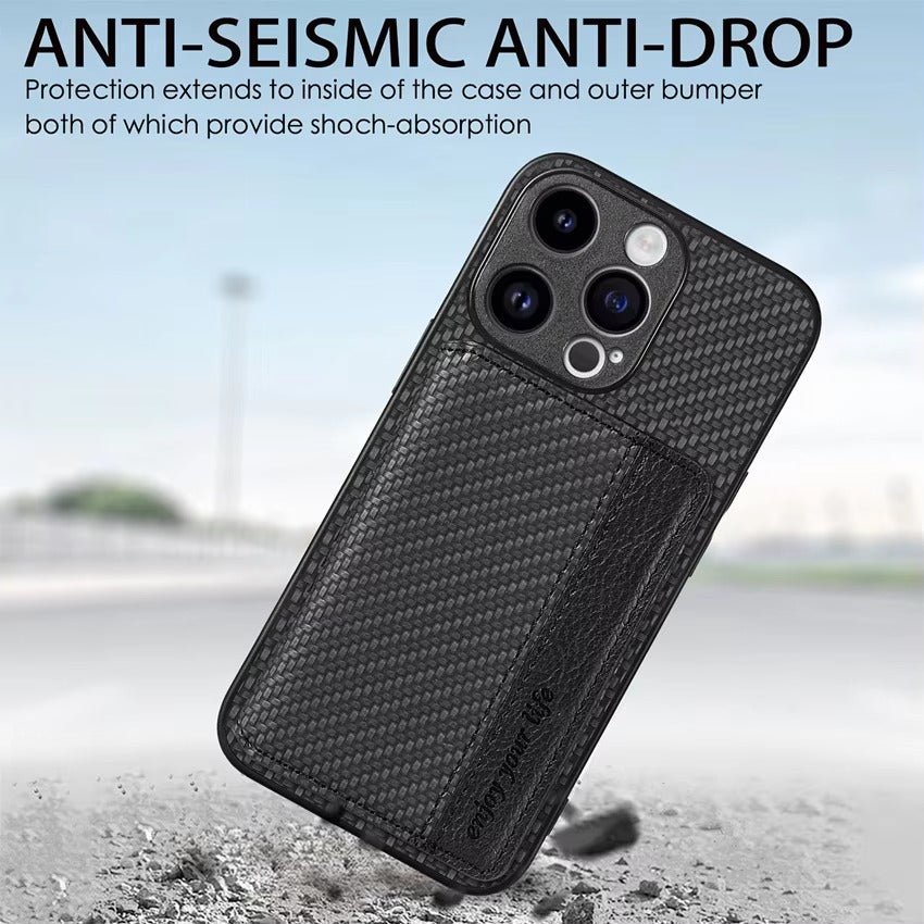 Luxury iPhone Case — Carbon Fiber Magnetic Wallet Cover with Card Holder, Kickstand Function and Anti-Scratch Dustproof Protection