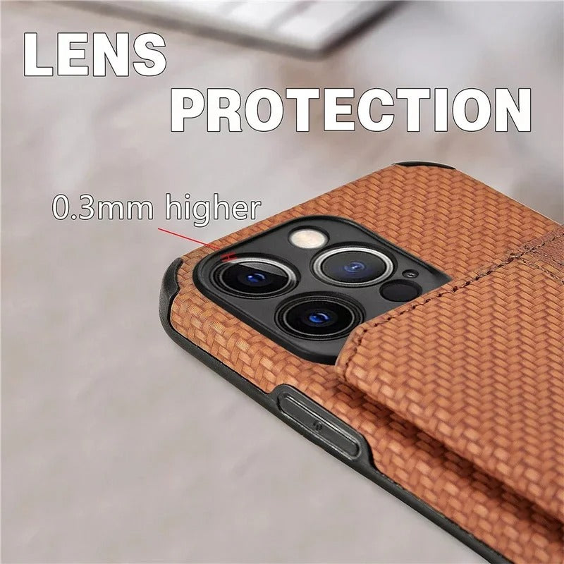 Luxury iPhone Case — Carbon Fiber Magnetic Wallet Cover with Card Holder, Kickstand Function and Anti-Scratch Dustproof Protection