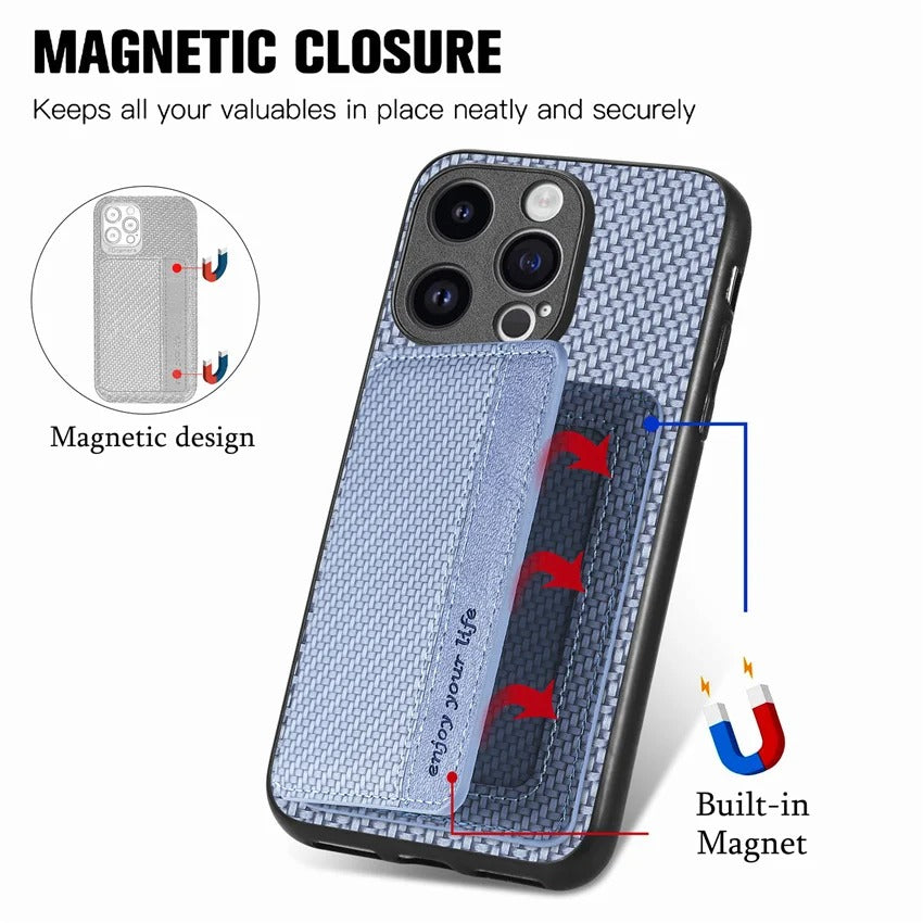 Luxury iPhone Case — Carbon Fiber Magnetic Wallet Cover with Card Holder, Kickstand Function and Anti-Scratch Dustproof Protection