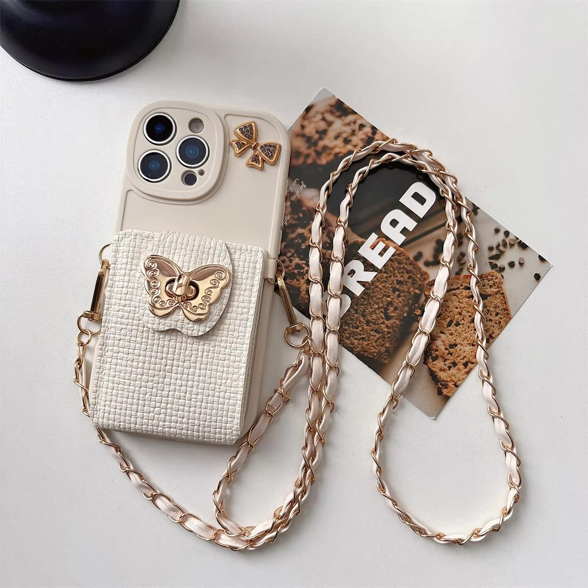 Luxury iPhone Case — Cartoon Butterfly Crossbody Wallet Cover with Card Bag Design, Shockproof Leather Protection & Hands-Free Strap Style