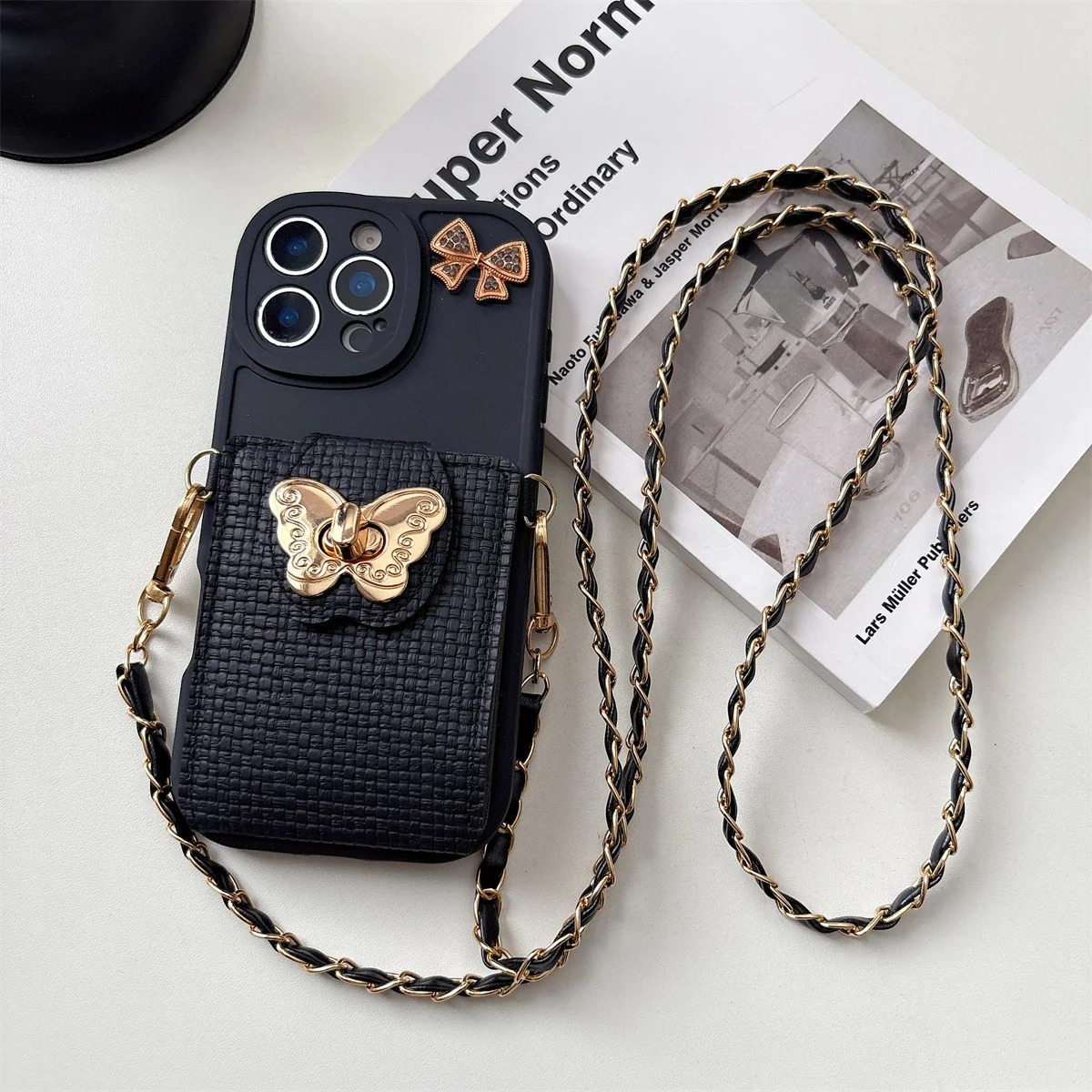 Luxury iPhone Case — Cartoon Butterfly Crossbody Wallet Cover with Card Bag Design, Shockproof Leather Protection & Hands-Free Strap Style