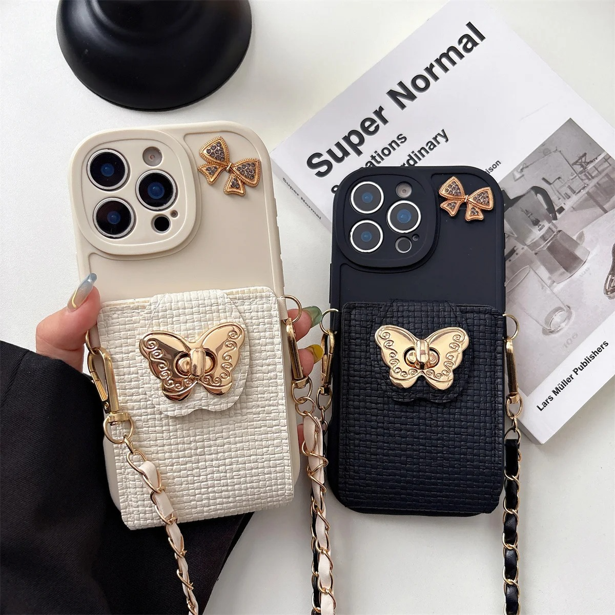 Luxury iPhone Case — Cartoon Butterfly Crossbody Wallet Cover with Card Bag Design, Shockproof Leather Protection & Hands-Free Strap Style